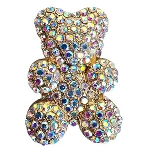 Teddy Bear Rhinestone Gold Iridescent Brooch Blue Pink Lapel Scarf Crystal